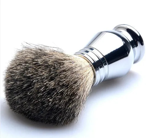 CSB men's shaving set with badger hair brush, chrome safety razor, stand, bowl, and blades in a black box.