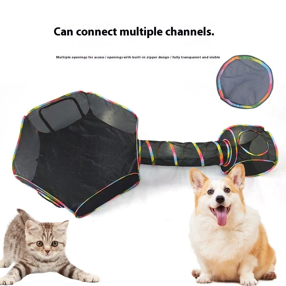 Foldable mesh cat roll cage showing multiple shape configurations including hexagonal, tee, and tent designs