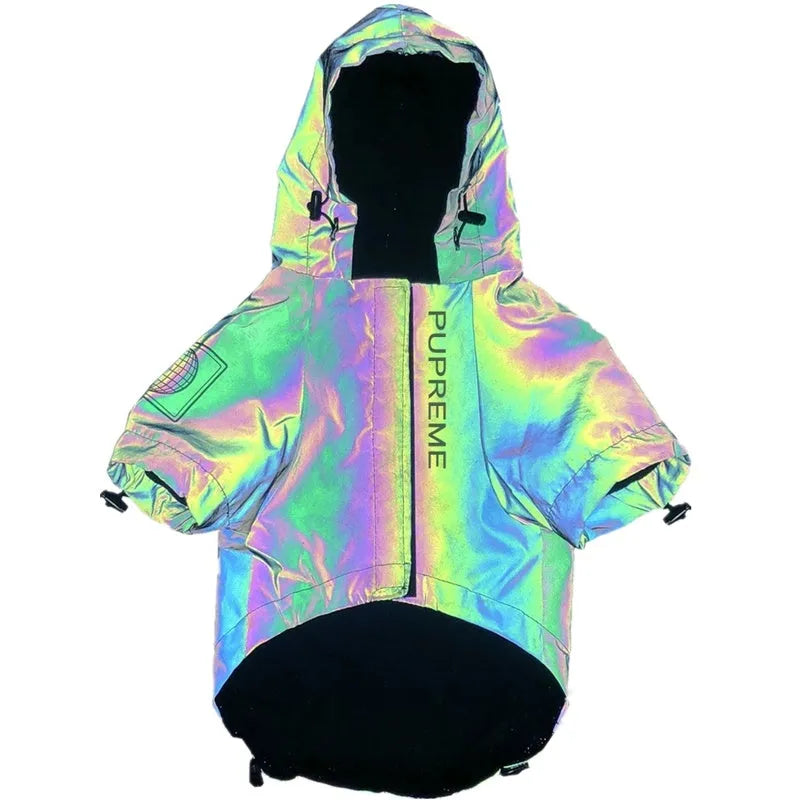Silver microcrystalline reflective dog coat on a dog, waterproof and windproof, with high-reflective fabric visible in low light.