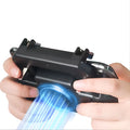 Black USB mobile game controller for smartphones with aluminium alloy details and ergonomic grip.
