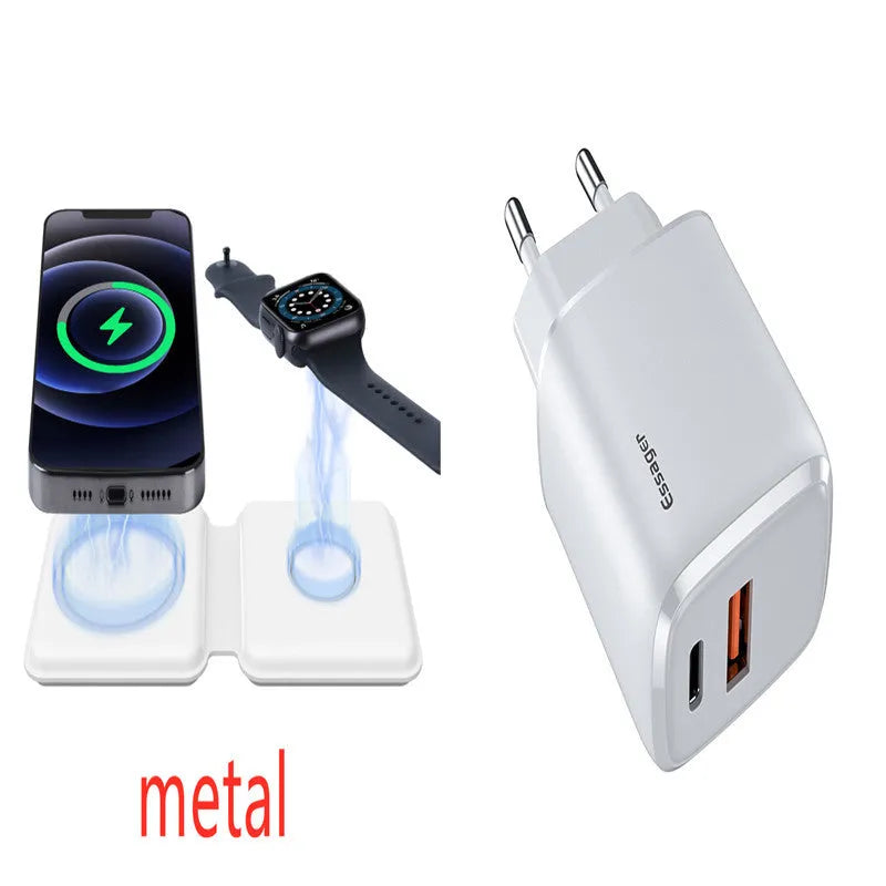 White foldable magnetic wireless charging dock showing dual charging pads for two phones
