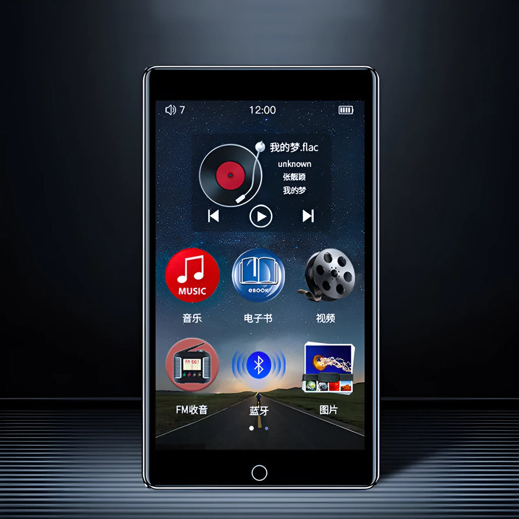 Black Ruizu H1 portable MP4 player with 4-inch touch screen showing media interface.