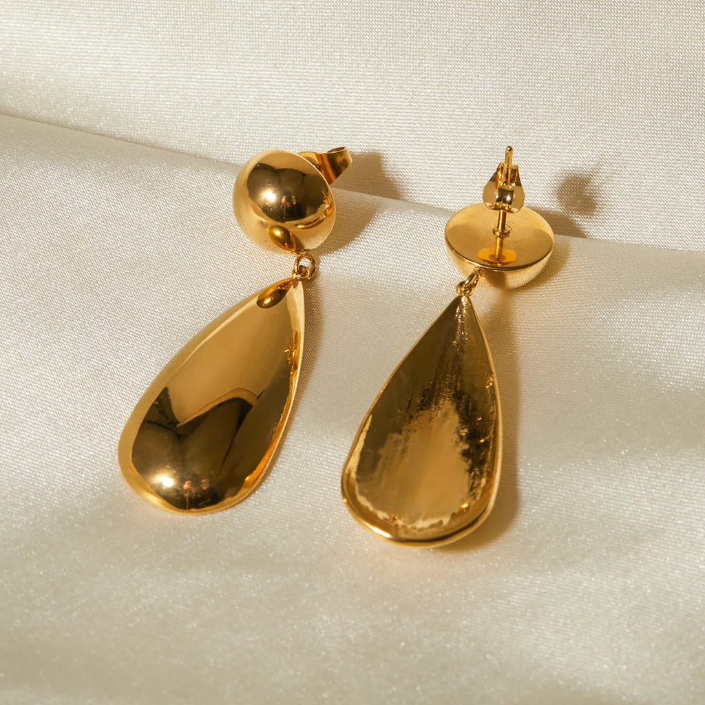 Gold geometric water drop earrings with hemispherical stainless steel construction