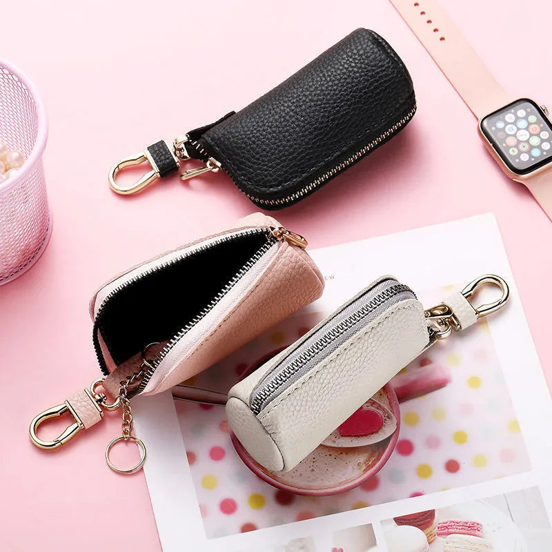 Waterproof PU leather zipper key case in black, grey and pink colours for secure key storage