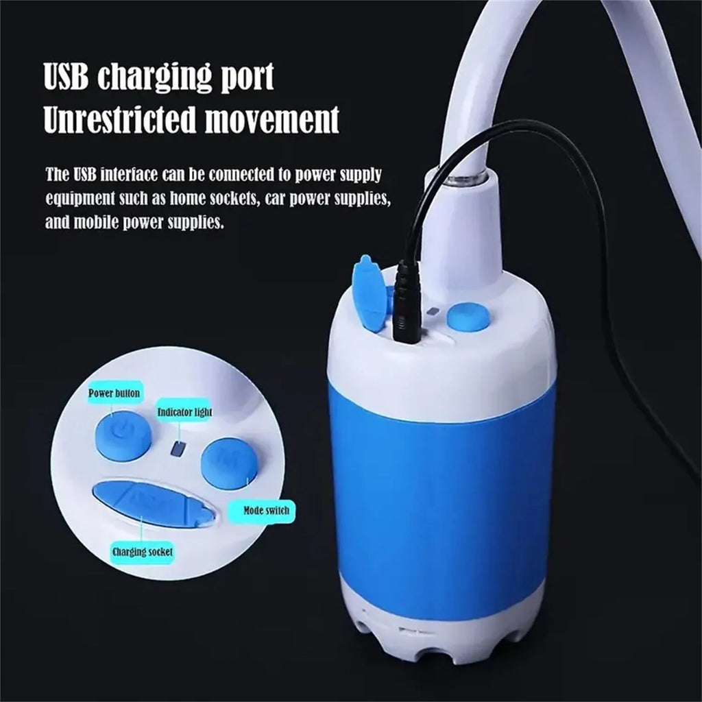 Portable outdoor camping electric shower with 5000mAh rechargeable battery, ABS plastic, IPX7 waterproof, two water output modes, includes pump, showerhead, and shower rack
