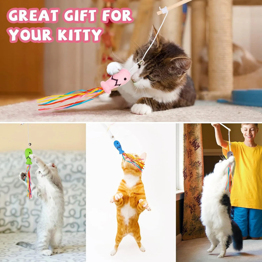 Cat wand toy with wooden handle, colourful ribbons, catnip fish attachment and bell for indoor feline play