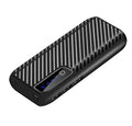 A compact black portable power bank showing dual USB output ports and displaying 20000mAh capacity.