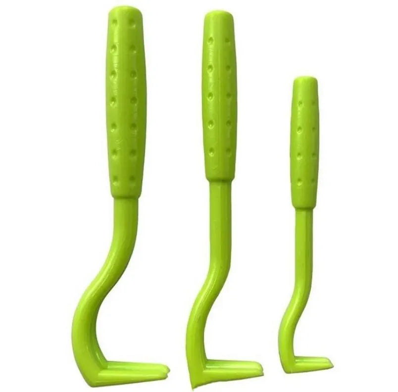 Three plastic pet tick removal clips in blue and green colours for cat and dog parasite control
