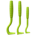 Three plastic pet tick removal clips in blue and green colours for cat and dog parasite control