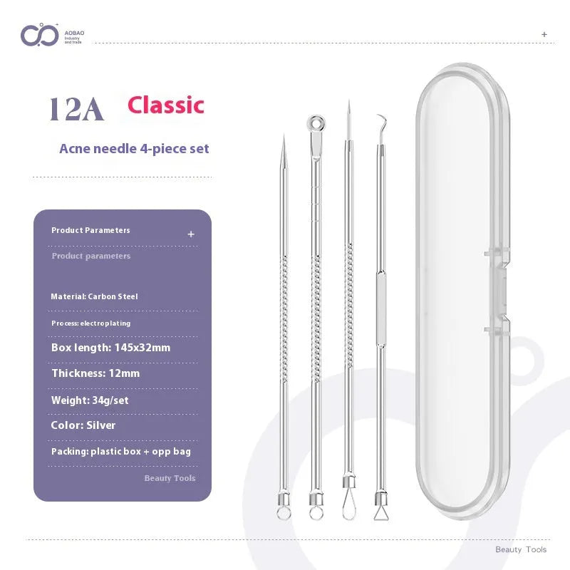 Four silver metal acne needles with pointed tips laid out on a surface.