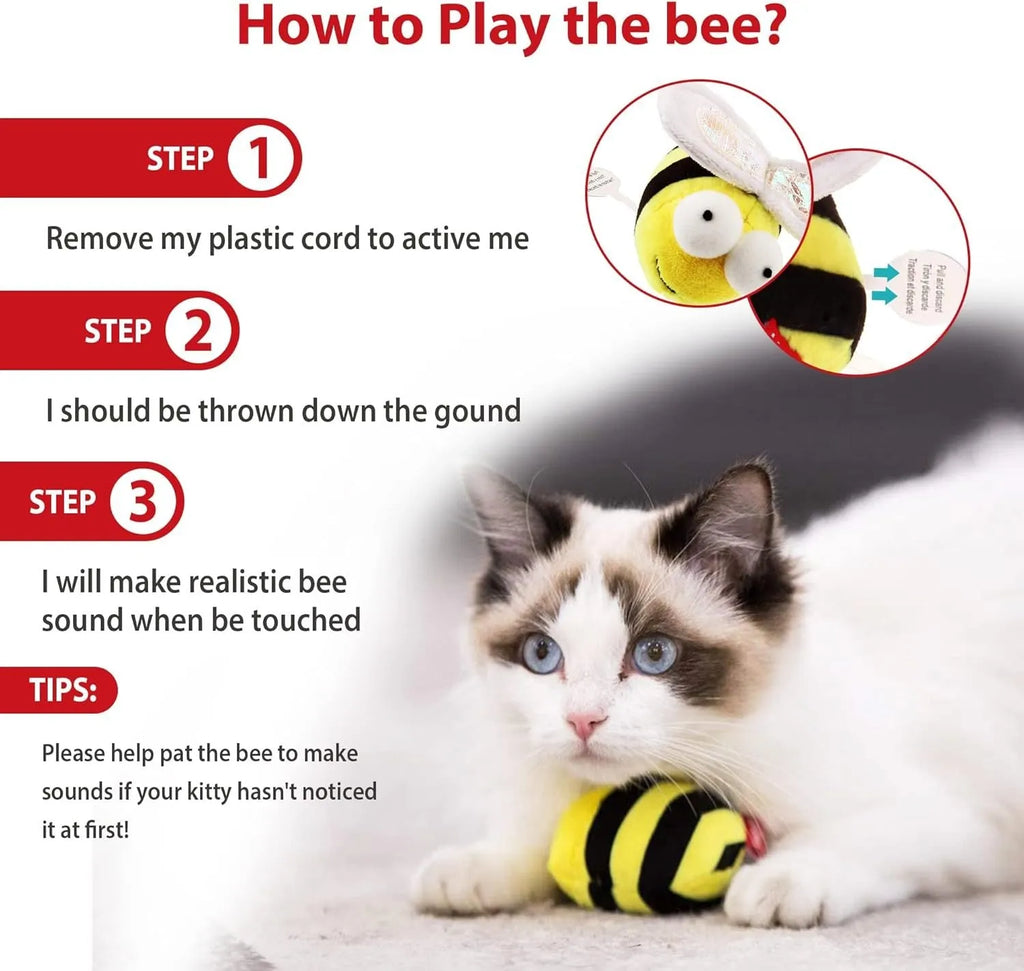Yellow bee-shaped electronic cat toy with motion-activated chirping function for interactive play