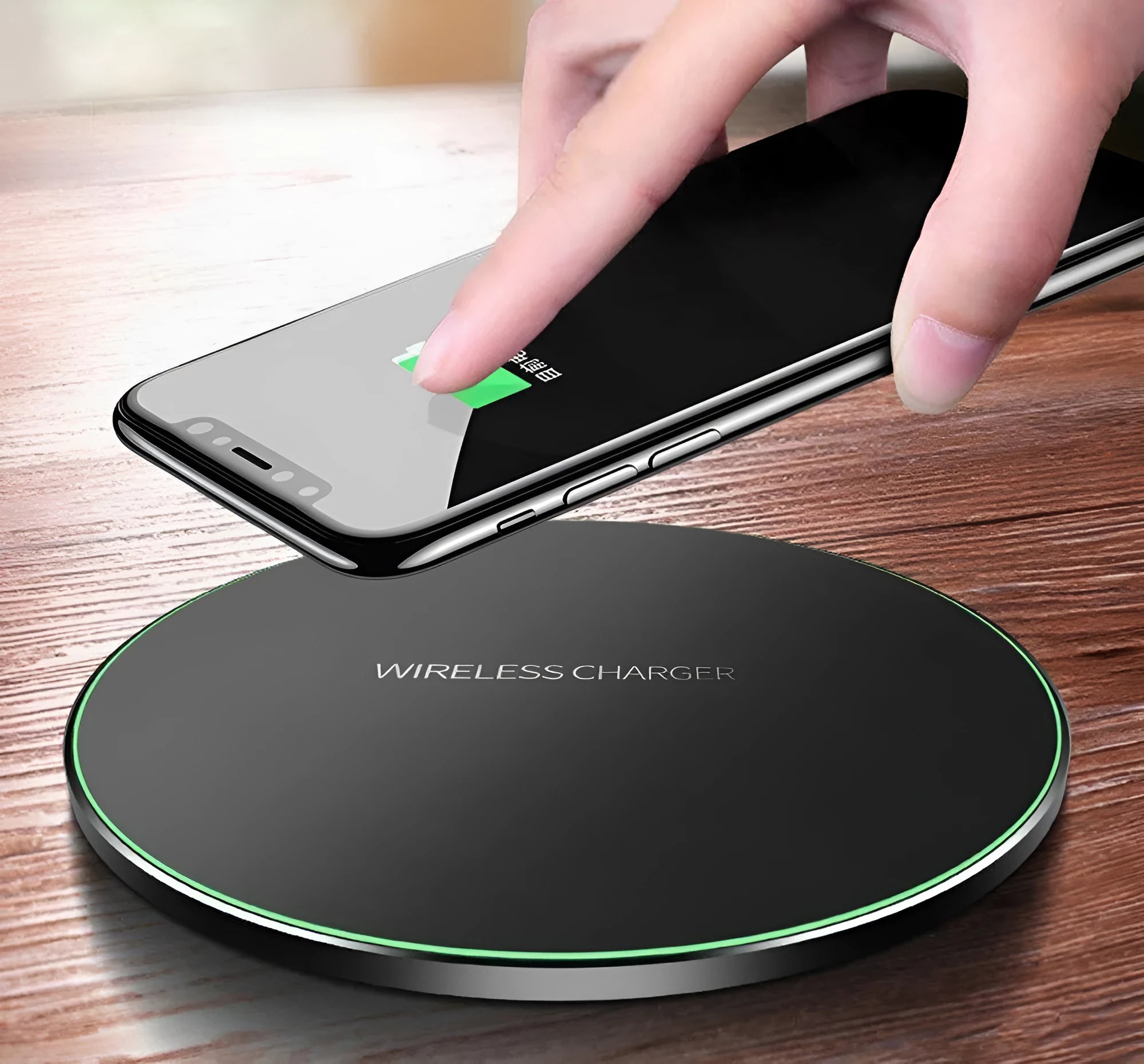 Black square GY-68 ultra-thin wireless fast charging pad on a desk.