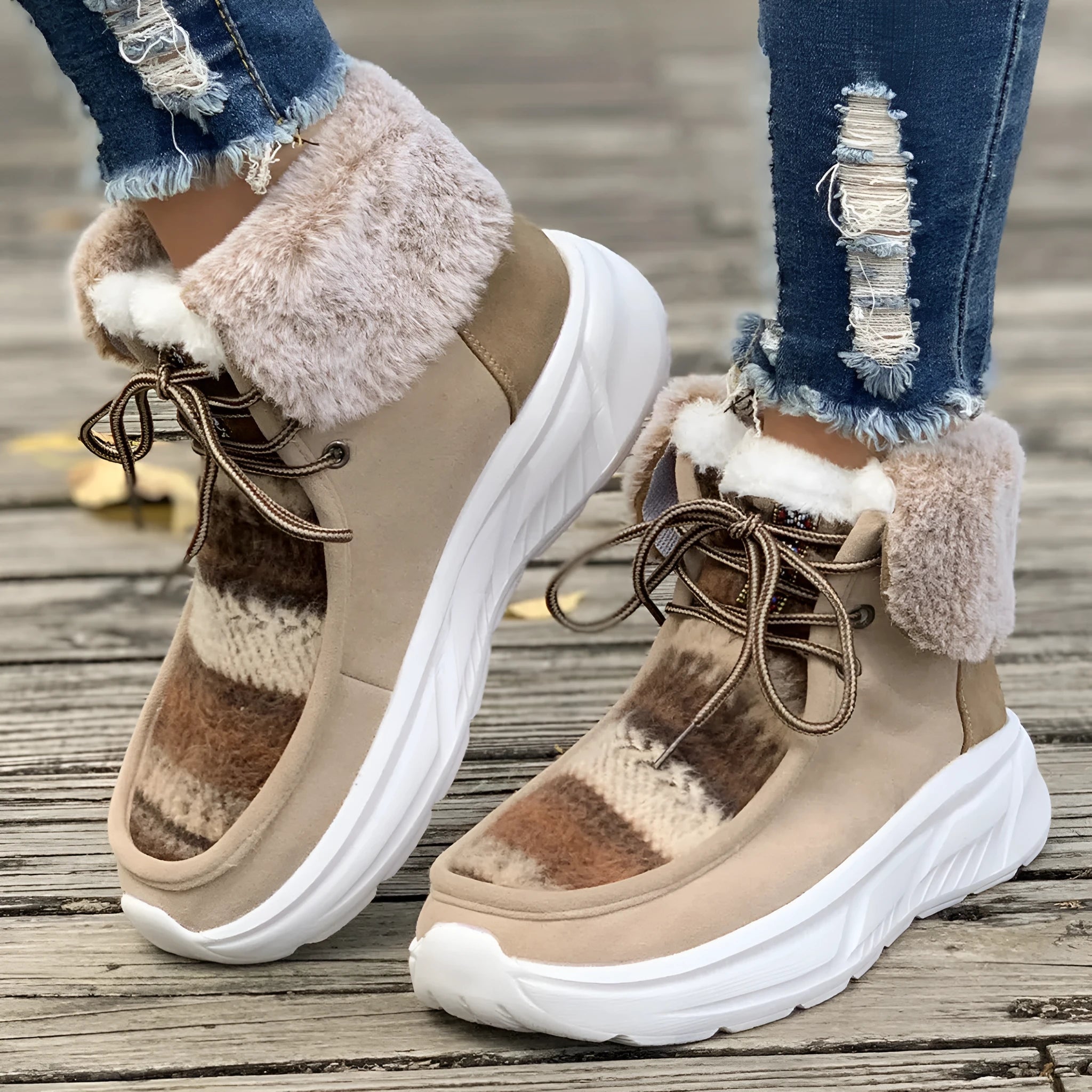 Women's beige lace-up snow boots with thermal lining and thick rubber sole