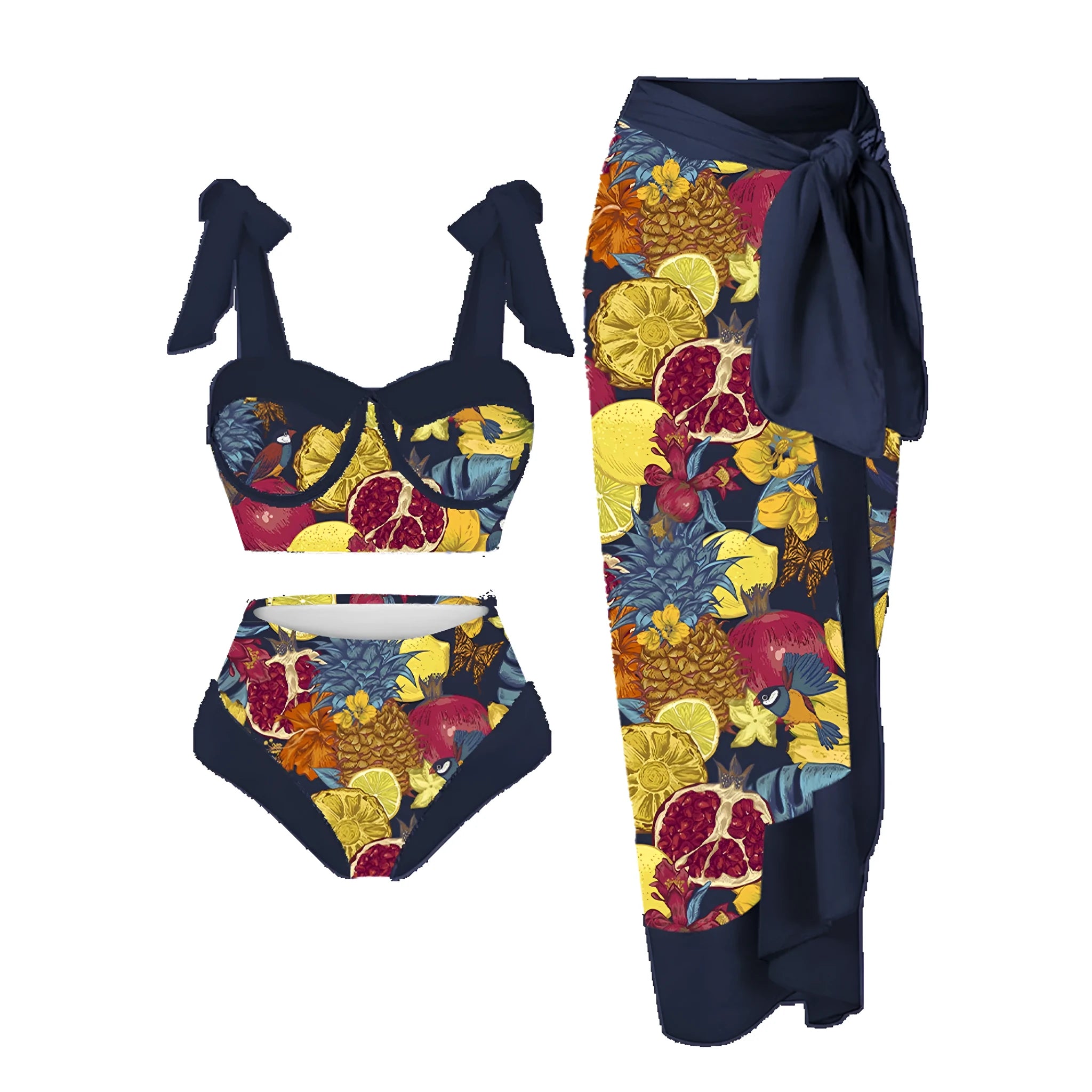 Women's pink printing split swimsuit three-piece set with separate skirt, bra and panties on mannequin