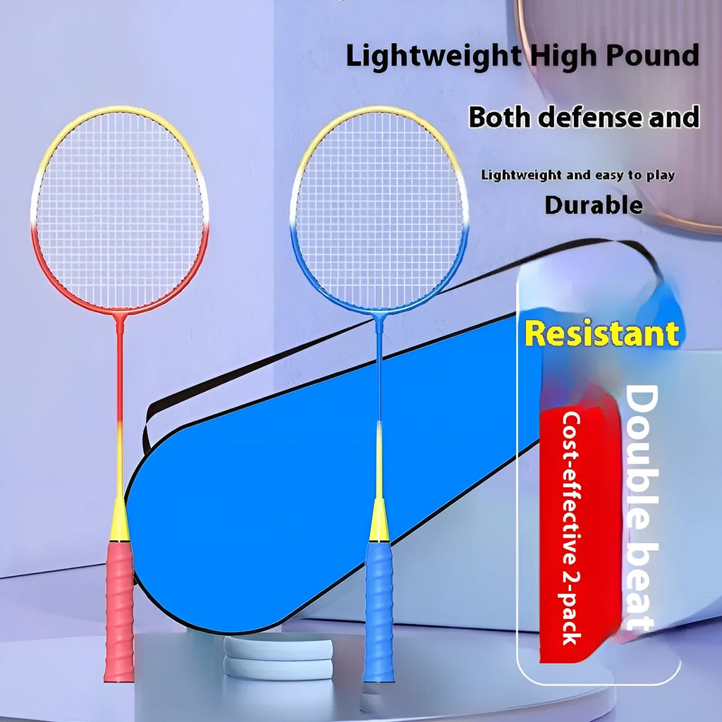 Blue and red alloy split-frame badminton and tennis racket set showing detachable design