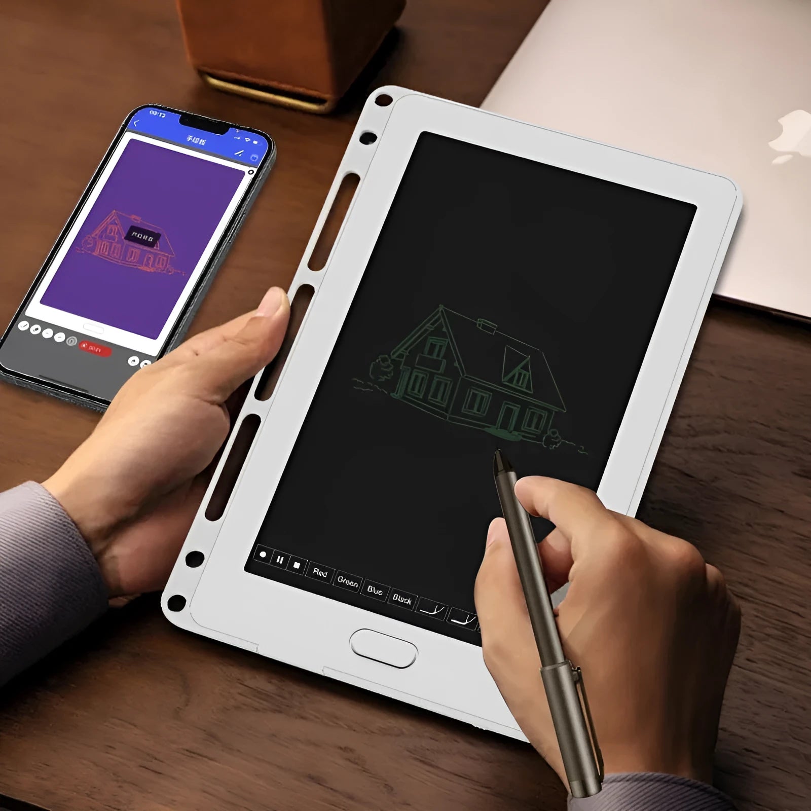 85-inch black electronic writing pad with stitching design and smart pen on a desk
