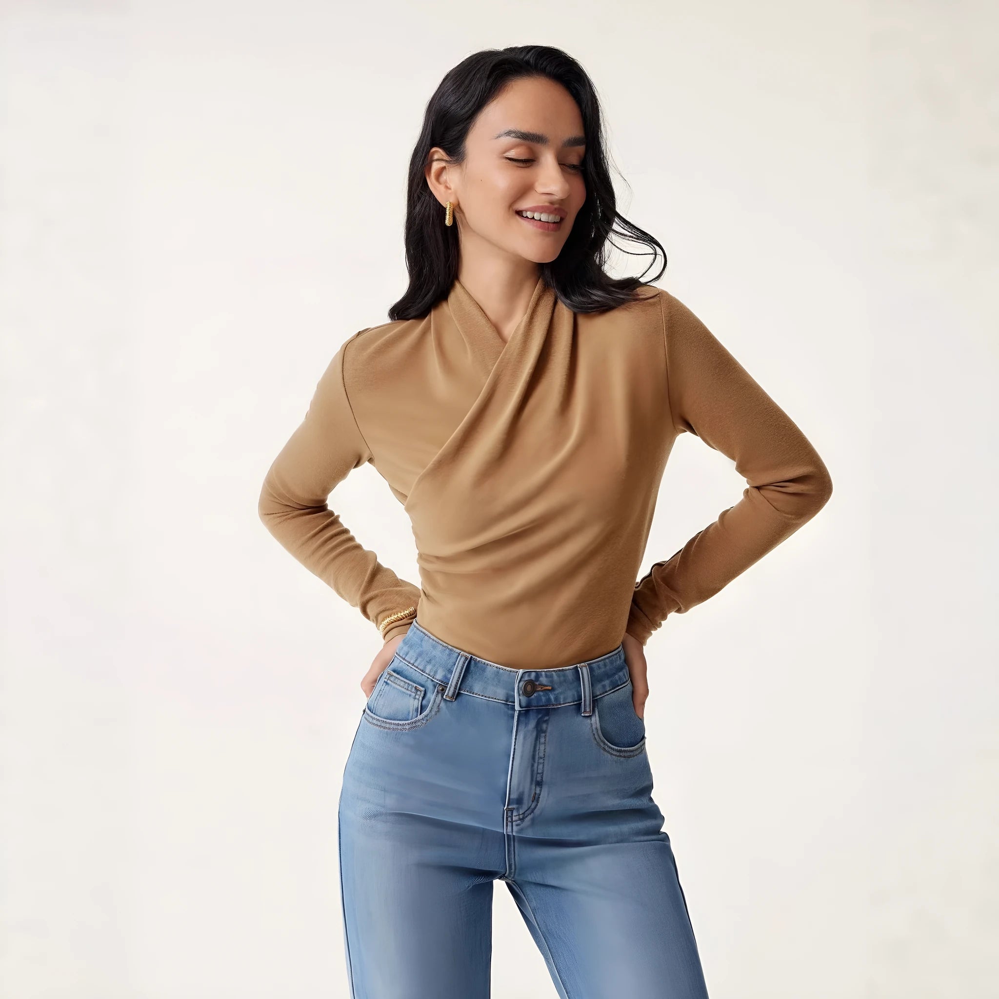 Women's camel colour slim fit pullover sweater with long sleeves on hanger