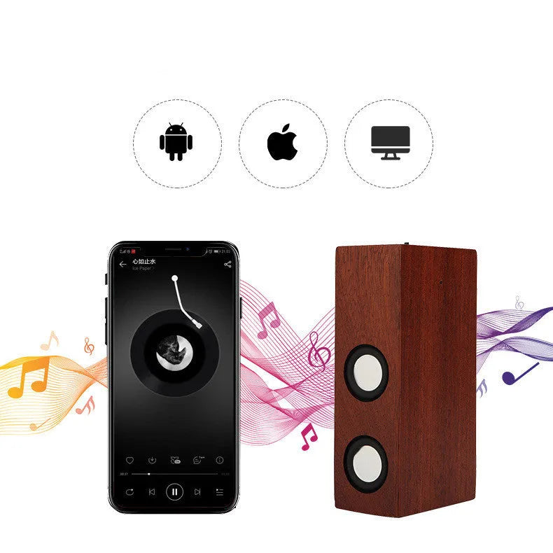 Wooden Bluetooth speaker in bamboo, black walnut, or sapele finish with 7-hour battery.