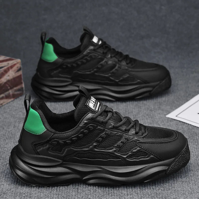 Men's white and black mesh casual shoes with round toe and breathable PU upper