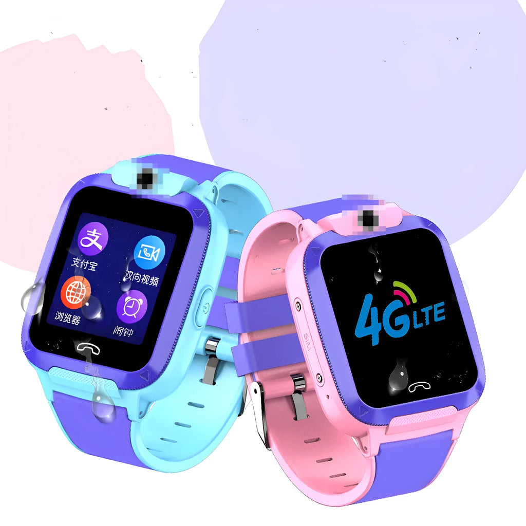Blue children's smartwatch with a 1.44-inch touch screen on a silicone strap, showing GPS and video call icons.