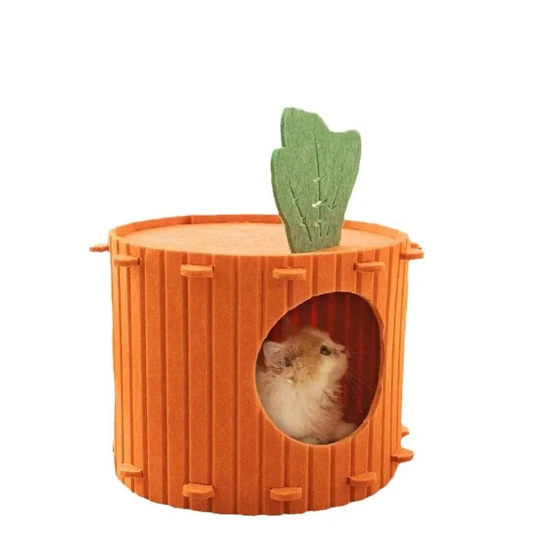 Carrot-shaped felt cat tunnel nest with ventilation holes in soft grey material