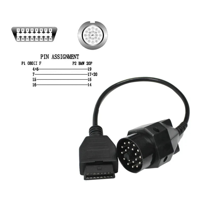 BMW OBD2 diagnostic adapter cable converting 20-pin to 16-pin connector for vehicle scan tools