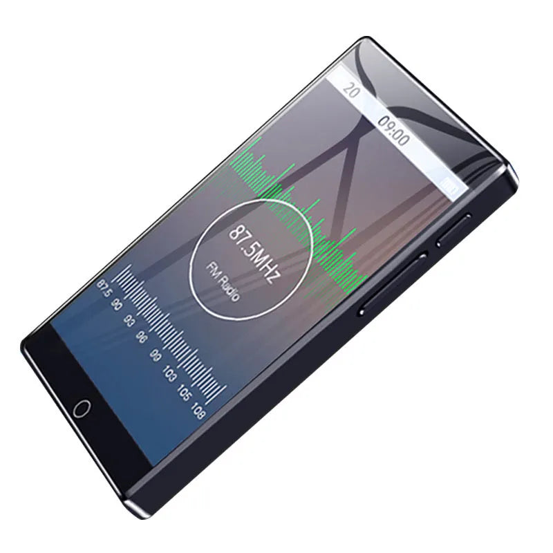 Black Ruizu H1 portable MP4 player with 4-inch touch screen showing media interface.