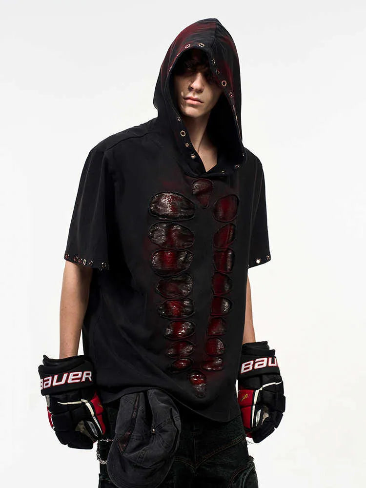 Men's black hooded short-sleeve t-shirt with sequin detailing, loose fit casual wear