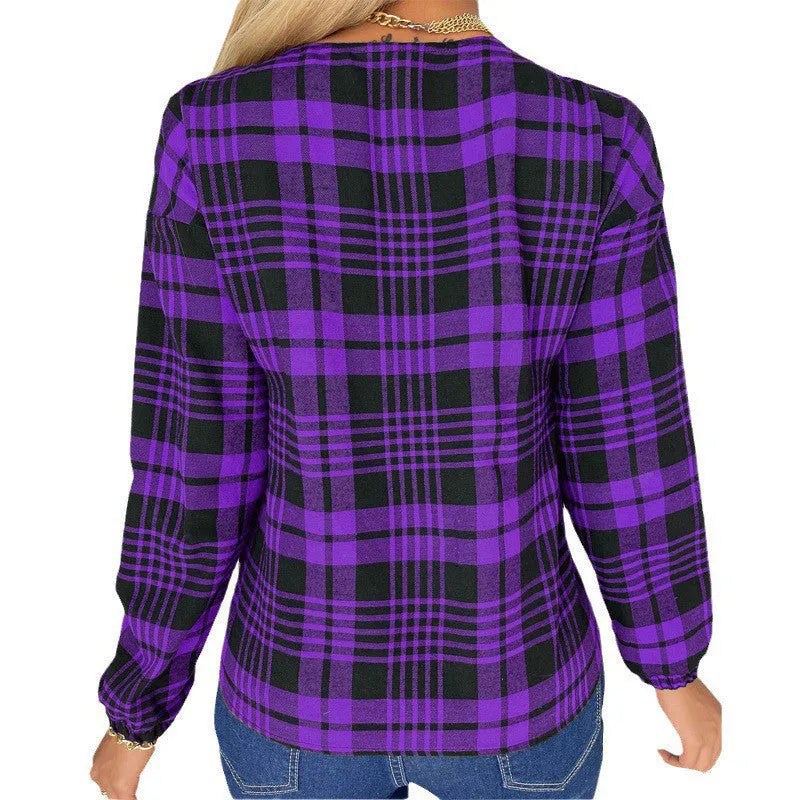 Women's loose-fit plaid casual shirt in purple, available in sizes S to 3XL.