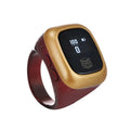 Electronic dhikr counter on wrist showing digital display, available in black, space gray, rose gold, silver, wine red, or green.