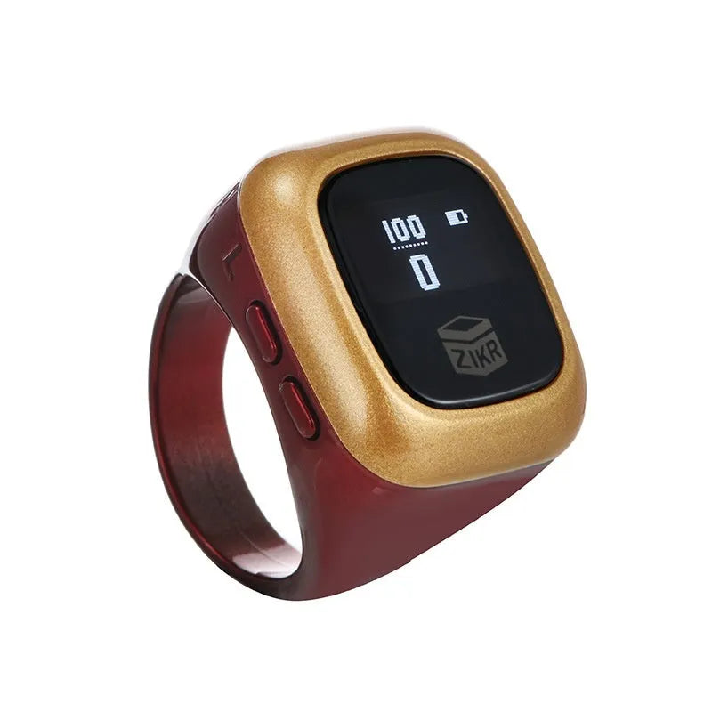 Electronic dhikr counter on wrist showing digital display, available in black, space gray, rose gold, silver, wine red, or green.