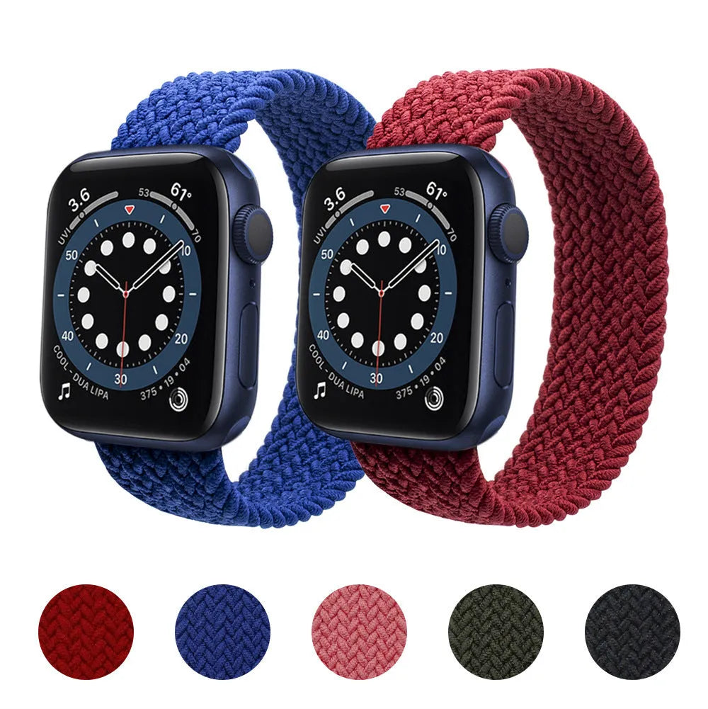 Woven nylon Apple Watch strap in five colours with plastic connector for series 1-6 compatibility