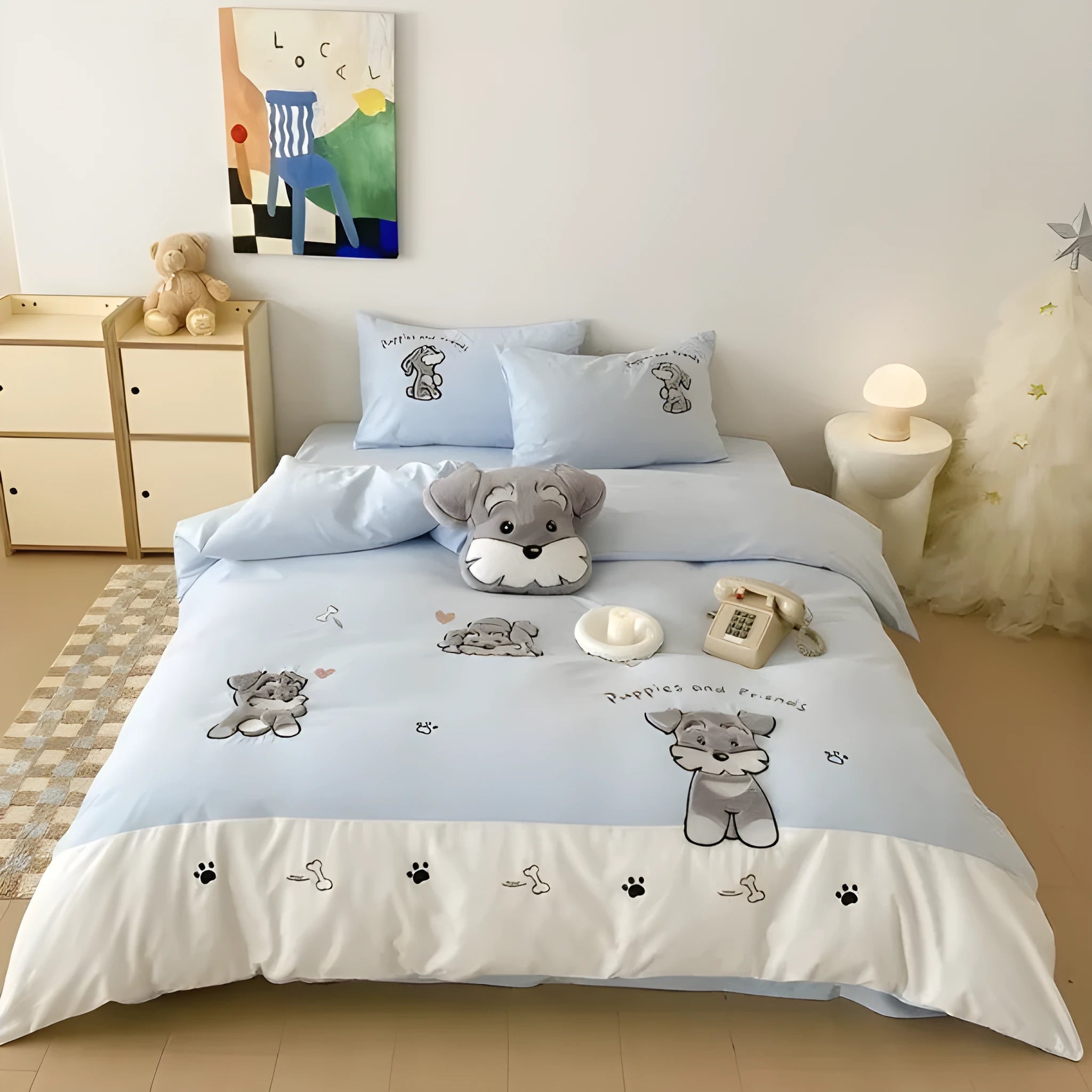 Cartoon Schnauzer embroidered bedding set with flat sheet and matching pillow on bed