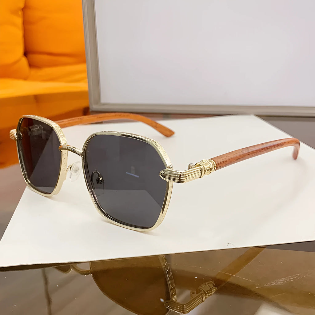 Women's frameless glasses with wood grain finish alloy frame in gold with blue lenses
