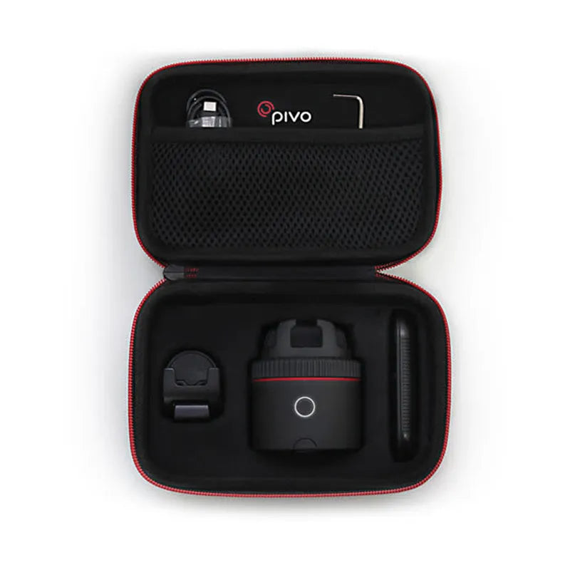 Black PIVO facial tracking camera mounted with a smartphone, showing 360-degree rotation base.