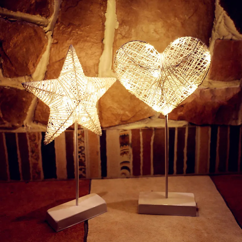 Rattan woven LED table lamp in star, heart, and moon shapes for bedroom decoration