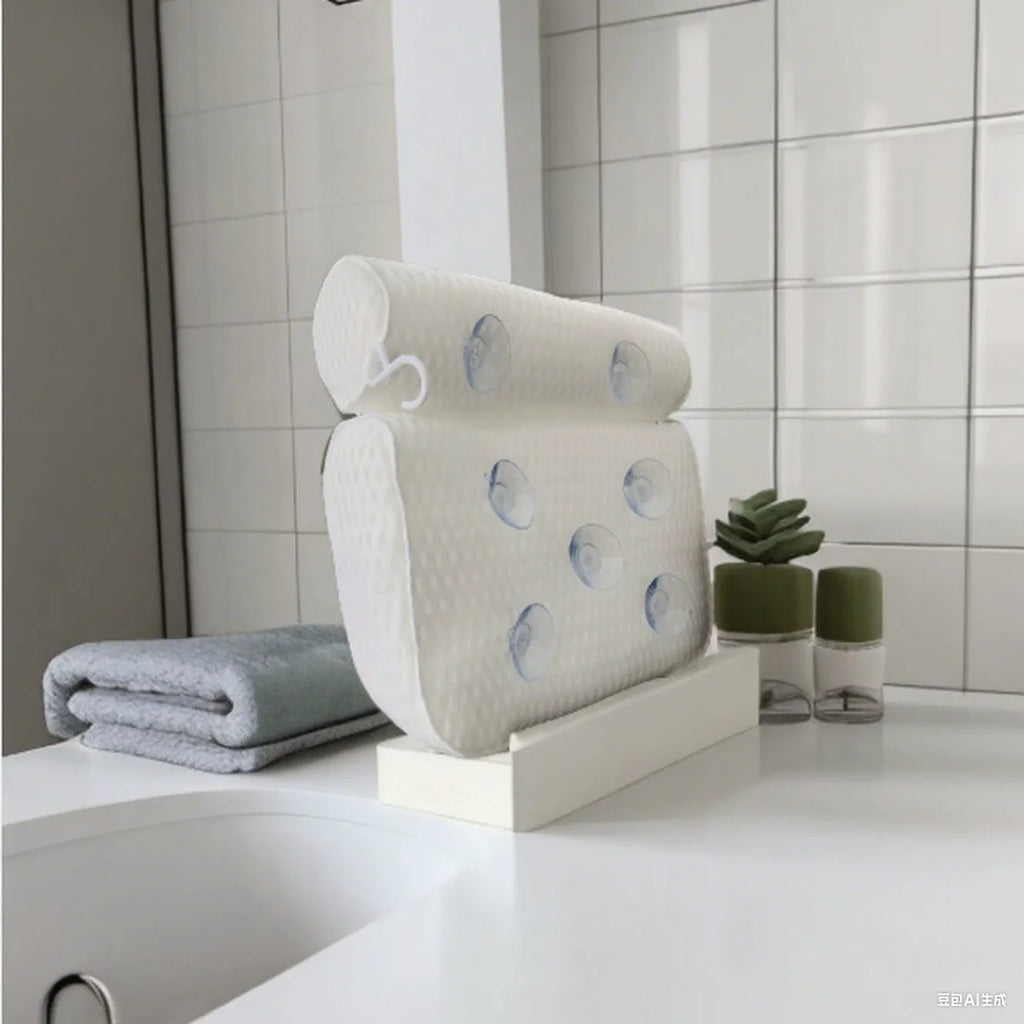 White bathtub pillow with suction cups and mesh construction measuring 37cm by 34cm
