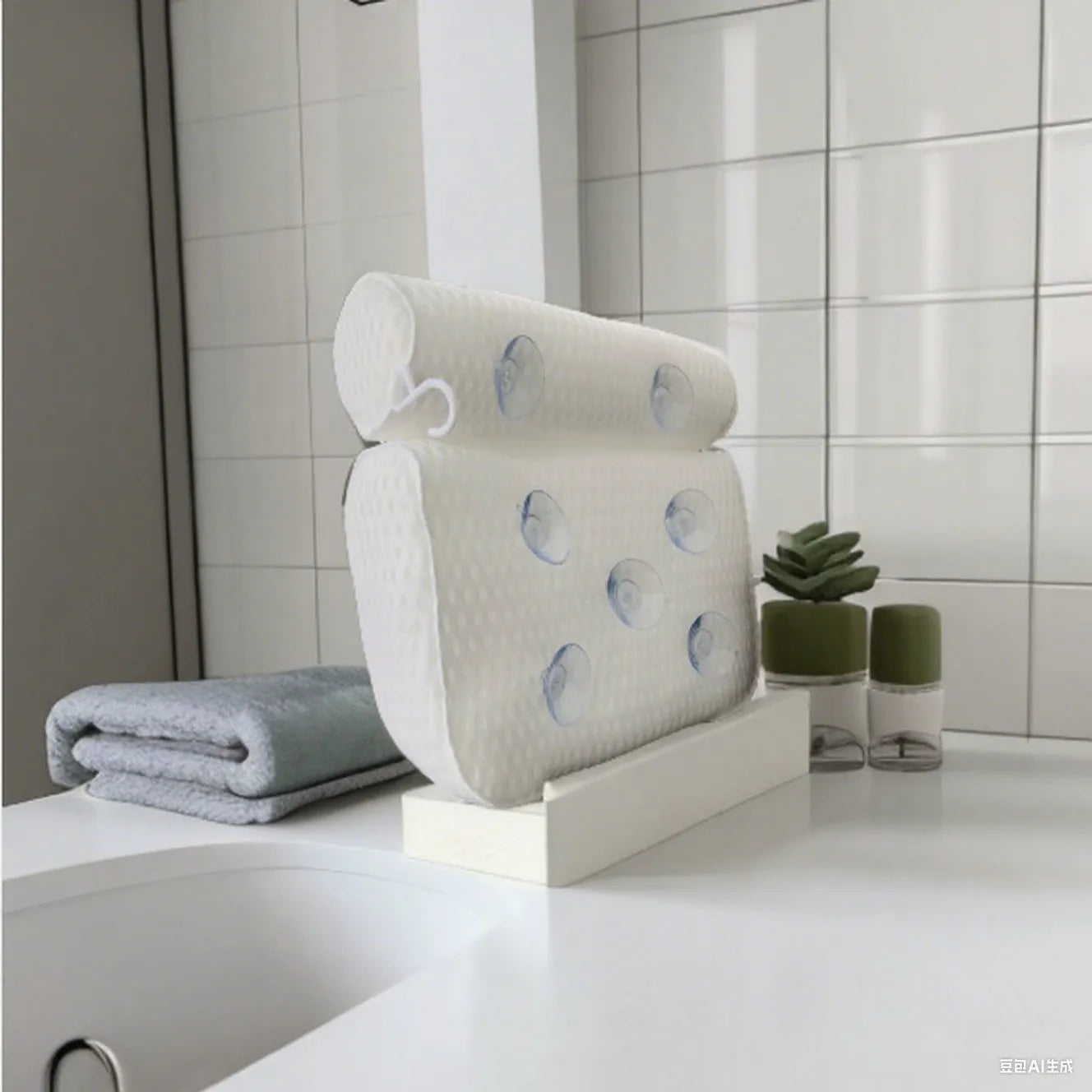 White bathtub pillow with suction cups and mesh construction measuring 37cm by 34cm