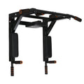 Black wall-mounted steel fitness station with sandbag rack above parallel bars and pull-up bar.