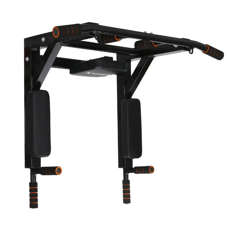 Black wall-mounted steel fitness station with sandbag rack above parallel bars and pull-up bar.