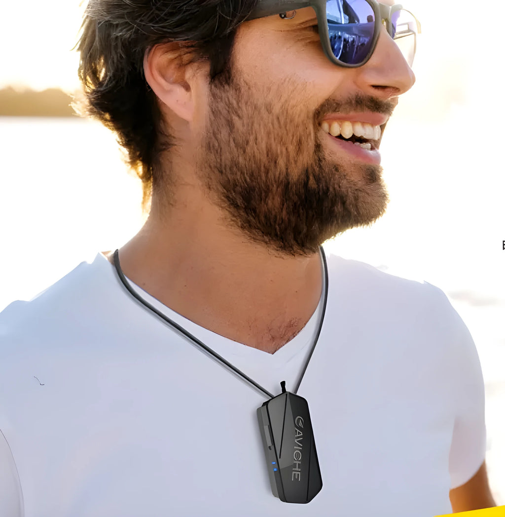 Black wearable personal air purifier necklace showing front and side views.