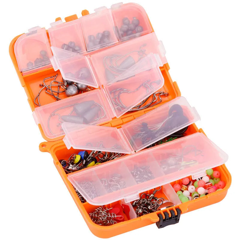 257-piece fishing lure accessories set in organised orange storage box with Texas rig, sea fishing, and rock fishing tackle