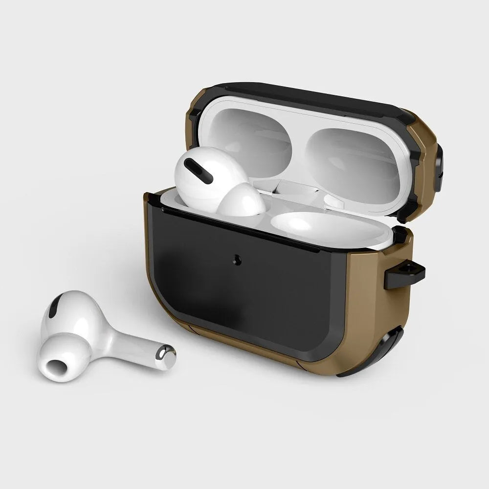 Black TPU and PC protective shell case for Apple AirPods 1, 2 and AirPods Pro charging case.