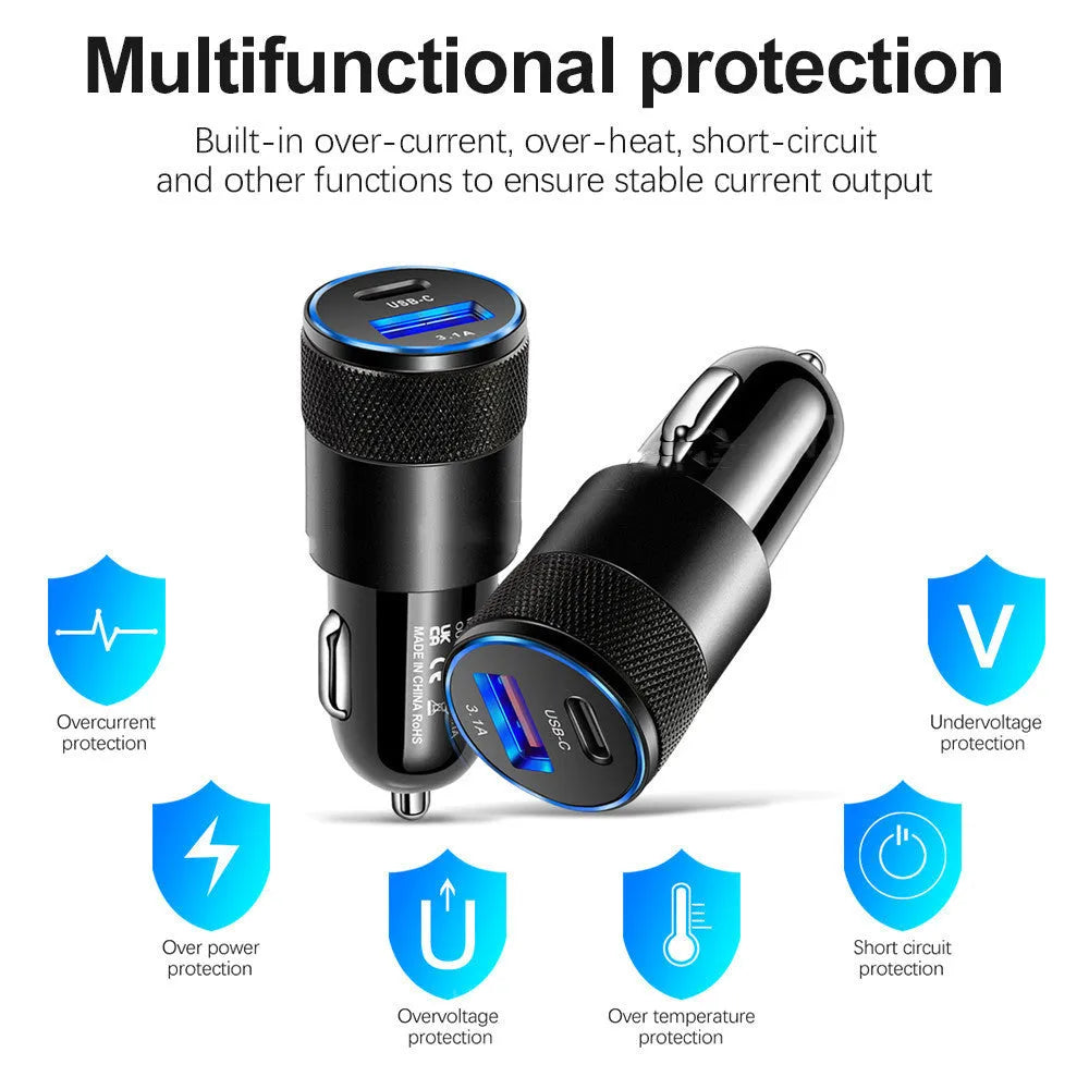 Aluminium alloy car charger with 12V input voltage measuring 2.5 by 6cm