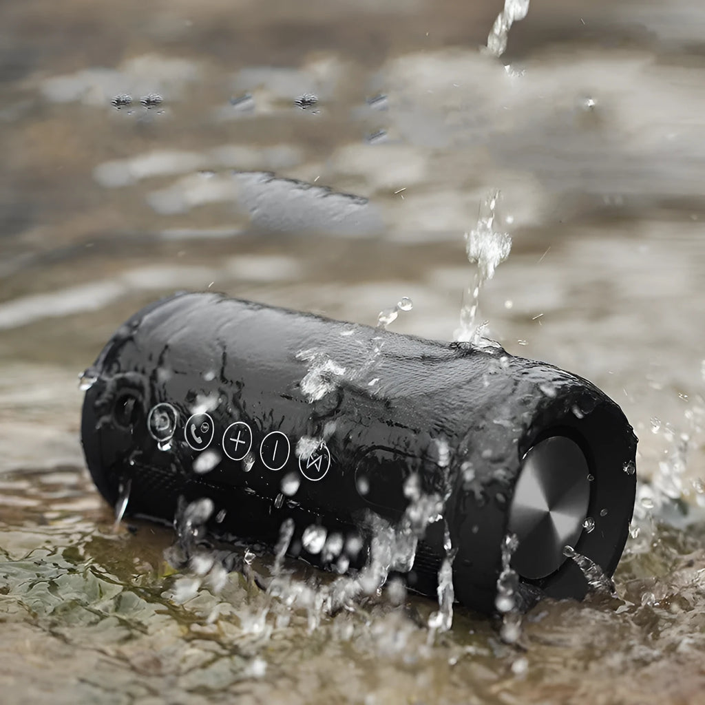 Compact outdoor waterproof card-shaped Bluetooth speaker in black, camouflage, grey, or red colours