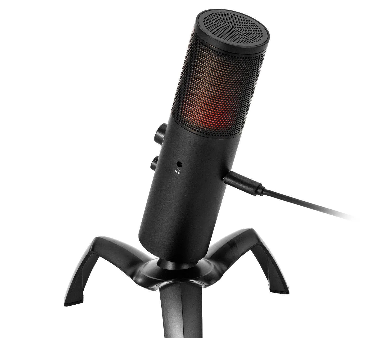 Black Q18 bidirectional condenser microphone with RGB lights on an adjustable metal tripod