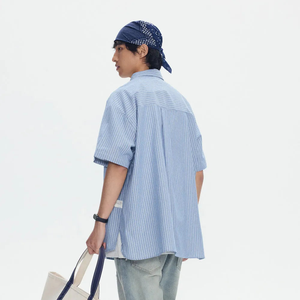 Blue striped loose-fit short-sleeved shirt in cardigan style for men and women