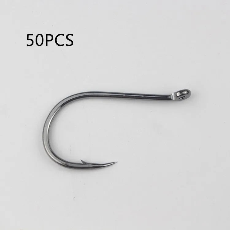 Barbed fishing hooks with hole ring in a bulk pack on a blue background.