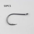 Barbed fishing hooks with hole ring in a bulk pack on a blue background.