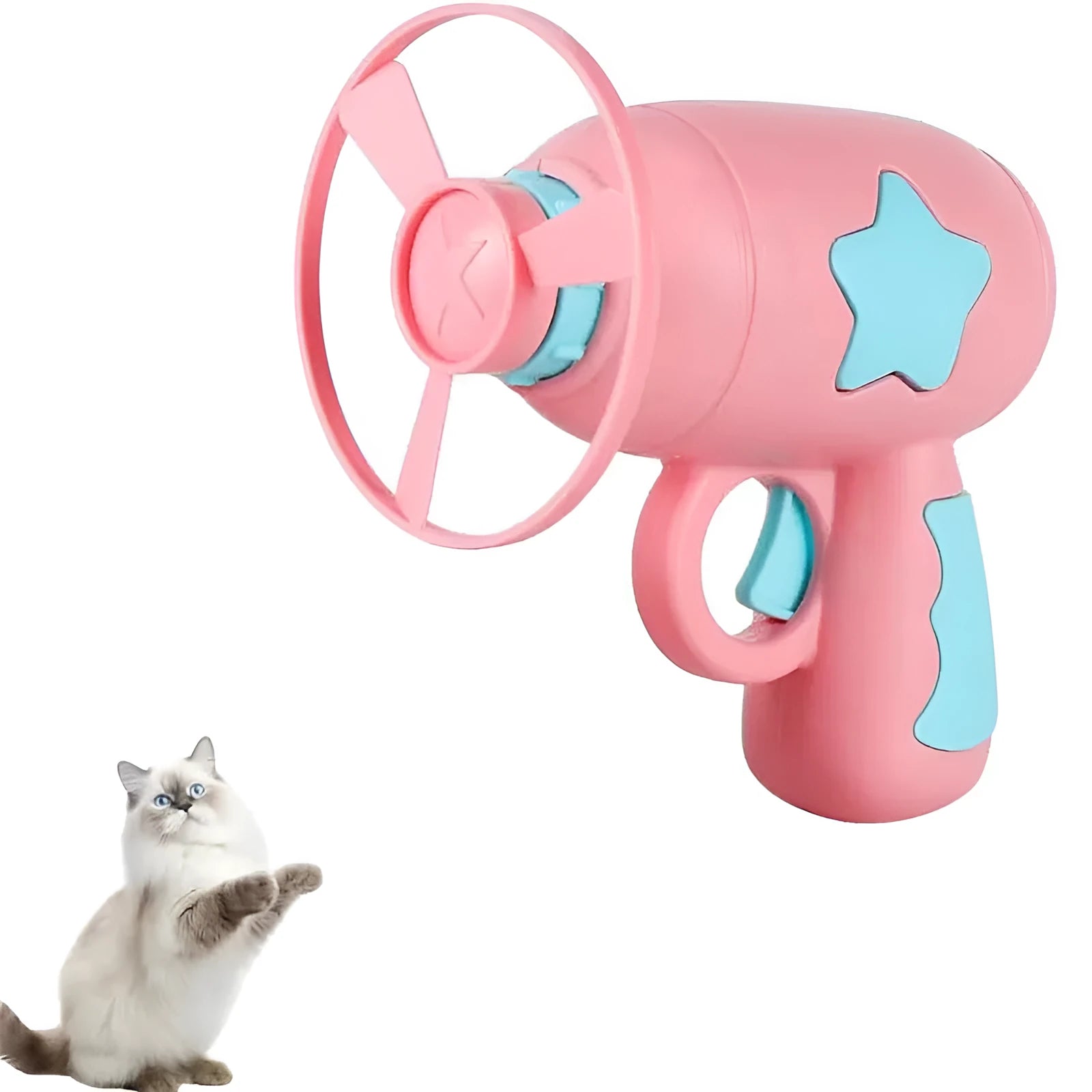 Blue and pink plastic cat toy gun with frisbee measuring 11cm for indoor feline play